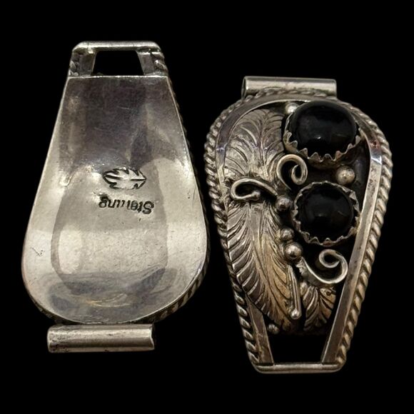Vintage Native Signed Onyx Sterling Watch Tips - Picture 2 of 4